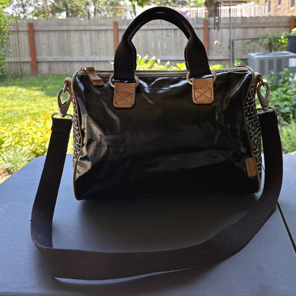 Fossil Key-Per Black Coated Canvas Satchel Geometric Print Crossbody Bag